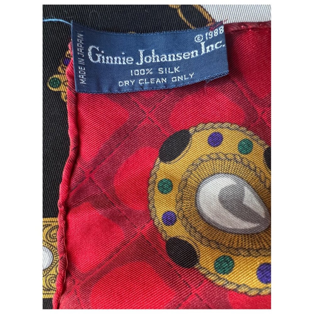 Ginnie Johansen Inc Silk Scarf Red Black Gold Chain Plaid Design Vintage 1988 - Picture 3 of 6